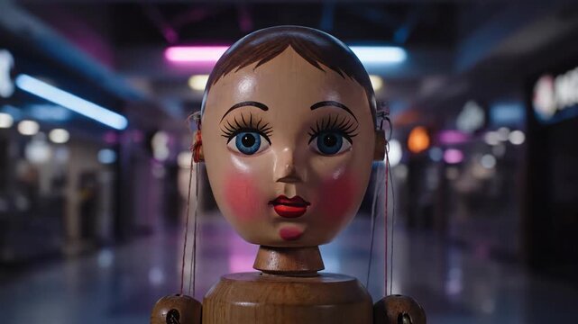 Wooden puppet front view with blurry background commercial stock footage