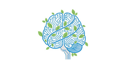 Eco-friendly technology concept shows a circuit board brain with green leaves, representing sustainable innovation and environmentally conscious AI solutions