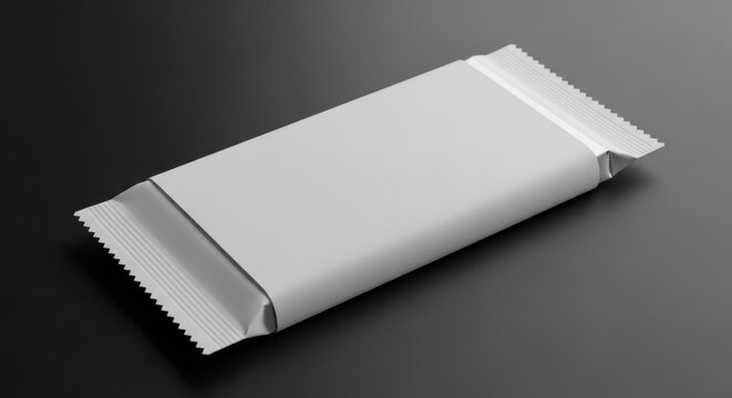 Illustration of blank white candy bar wrapper mockup on black background in studio shot