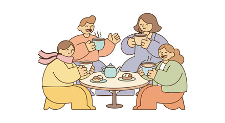 Four people sitting around a table, enjoying hot drinks and pastries in a cafe setting.