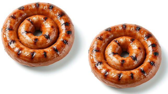 Top Angle Close Up Spiral Sausage Food Product on White Background. Generative AI.