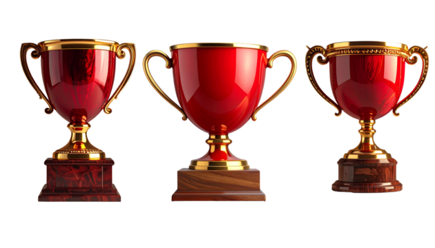 Red Trophy Cup on Wooden Stand — Elegant Award Display PNG