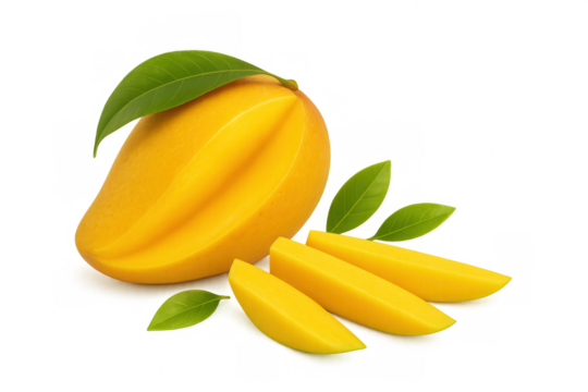 Yellow mango whole fruit and ripe slices with green leaves, fresh juicy tropical food, transparent background