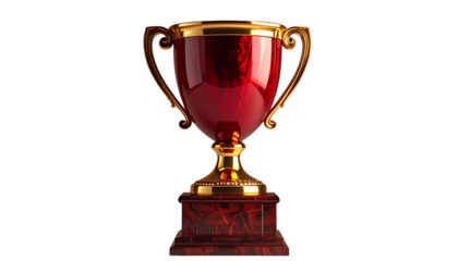 Red Trophy Cup on Wooden Stand — Elegant Award Display PNG