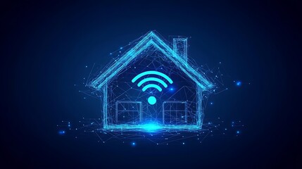 Digital smart home with wifi icon and glowing blue network particles
