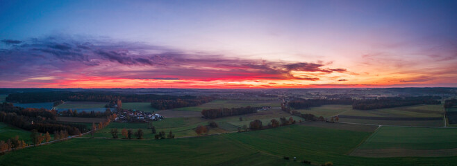 Bavarian panoramic view from top during late evening sunset view to celebrate the Autumn season