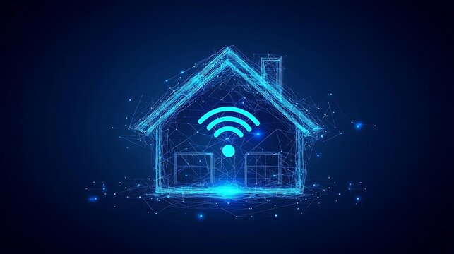 Digital smart home with wifi icon and glowing blue network particles
