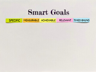 SMART goals concept with colorful notes showing specific, measurable, achievable, relevant, and time-bound goal setting.