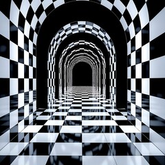 Modern interior arched corridor with a black and white checkered floor and walls stretching into distance
