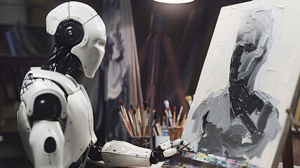 Futuristic AI robot artist painting a picture on a wooden easel in a bright art studio. Concept illustration of artificial intelligence creativity, human-machine collaboration, digital art innovation.