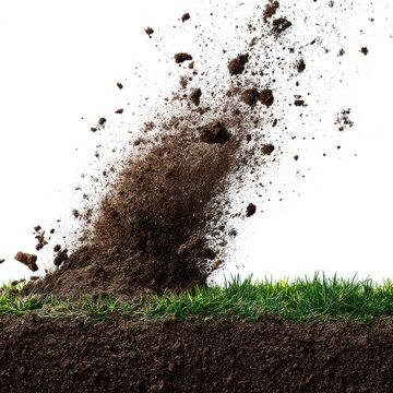 Lush Green Grass Blades and Rich Brown Soil Exploding Upwards Isolated on White Background Ground Level Studio Shot