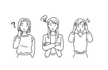 オフィスカジュアル女性 困った表情 モノクロイラスト