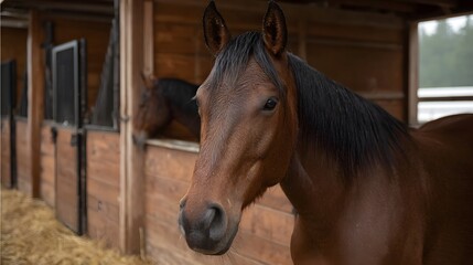 Brown horse in a rustic wooden stable with hay another horse visible in the background