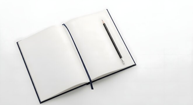 Minimalist top view of an open notebook with blank white pages and a pencil, a concept for journaling, planning, or new ideas