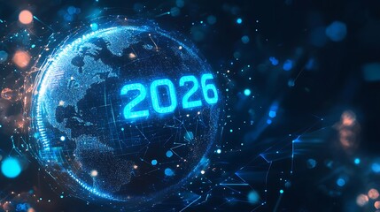 Digital earth with glowing 2026 text and futuristic network connections
