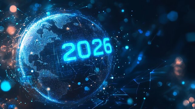 Digital earth with glowing 2026 text and futuristic network connections
