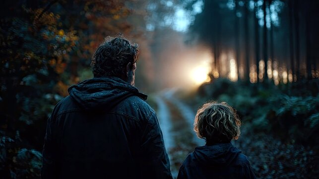 A father and son walk hand-in-hand down a dirt path in a dark forest as the sun sets, casting warm light through the trees.