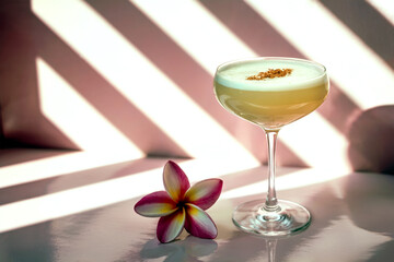 Tropical Cocktail with Foam Garnish and Frangipani Flower in Sunlight