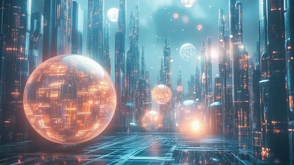 Futuristic city connecting data and spheres in digital urban landscape - Powered by Adobe