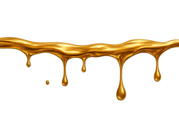 Flowing golden liquid with drips and splashes, creating a sweet or luxurious effect on transparent background