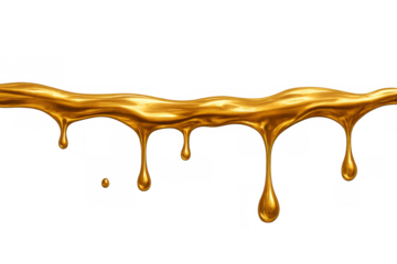 Flowing golden liquid with drips and splashes, creating a sweet or luxurious effect on transparent background