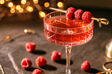 Elegant Raspberry Cocktail in Crystal Glass Festive Drink Celebration Concept