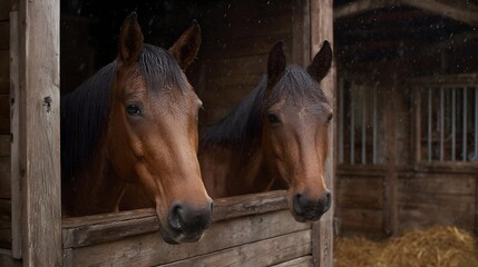 Two brown horses peer out from a rustic wooden stable during a gentle rain shower with straw visible on the ground