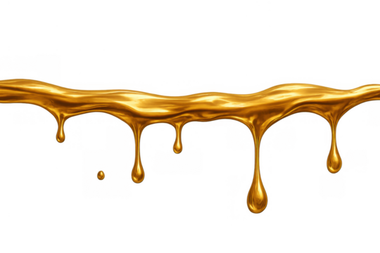 Flowing golden liquid with drips and splashes, creating a sweet or luxurious effect on transparent background