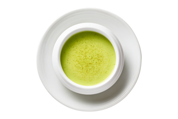 Top-down view of bowl of creamy asparagus soup served in elegant porcelain bowl placed isolated on cutout PNG transparent background. Show smooth texture and food gourmet appeal.