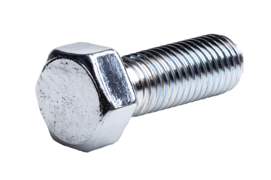 Metal bolt hex nut silver aluminum isolated on cutout PNG transparent background. Technology for fastening various devices prevent pulling out. Used for industrial machinery Assembled machinery.