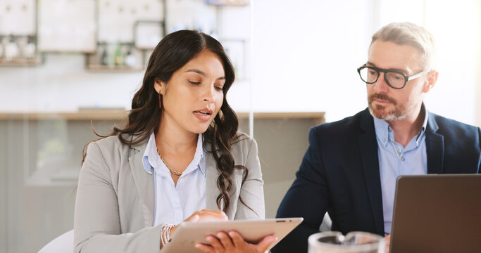 Real estate, support and team in office with tablet, discussion or review of client proposal. Property market, assistance or agent in workplace with tech, advice and partnership for listing report.