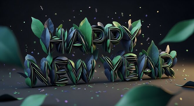 Wishing you a Happy New Year with lush green foliage art, celebrating the season with festive confetti and elegant typography for a fresh start - Powered by Adobe
