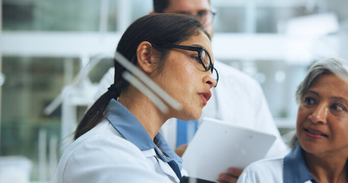 Teaching, formula and team with woman in lab for chemical structure, medical drug trail and research. Brainstorming, vaccine molecule and amino acids equation with scientists with glass board - Powered by Adobe