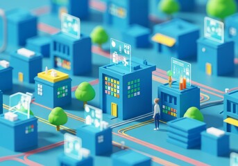 Illustration of a futuristic city with blue buildings and transparent data displays on top of them