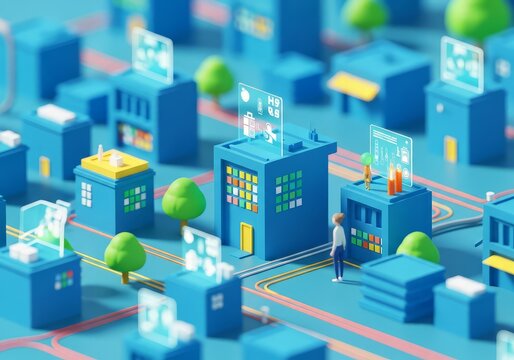 Illustration of a futuristic city with blue buildings and transparent data displays on top of them - Powered by Adobe