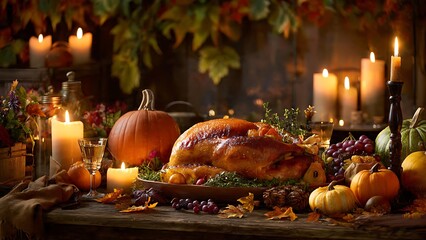Warm and inviting thanksgiving feast centerpiece featuring a golden roasted turkey surrounded by pumpkins gourds candles and autumn foliage creating a cozy atmosphere