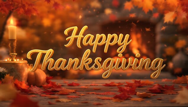 Warm and inviting happy thanksgiving greeting with glowing lights and autumn leaves perfect for seasonal celebrations and holiday wishes