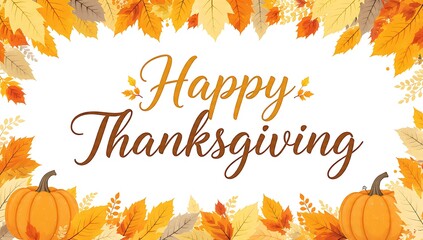 Warm autumn greeting featuring pumpkins and falling leaves for a happy thanksgiving celebration