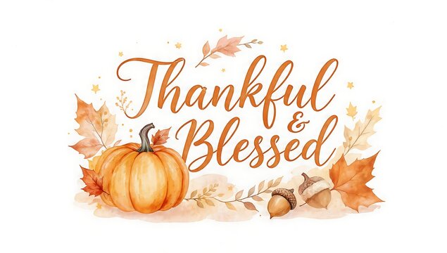 A warm and inviting watercolor illustration of a pumpkin and autumn leaves with the words thankful and blessed perfect for fall celebrations