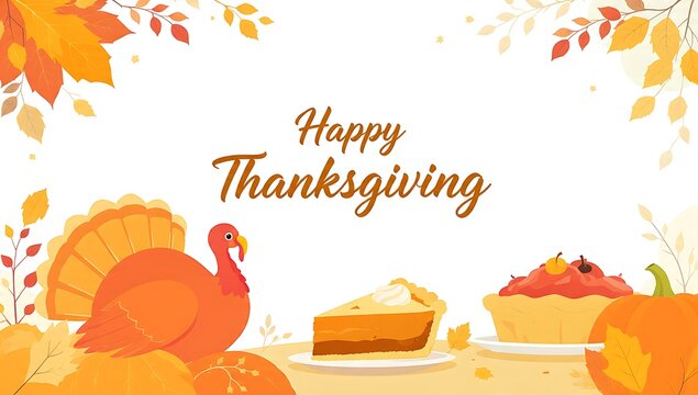 A festive thanksgiving illustration featuring a cartoon turkey pumpkin pie and a slice of pie surrounded by autumn leaves and the words happy thanksgiving
