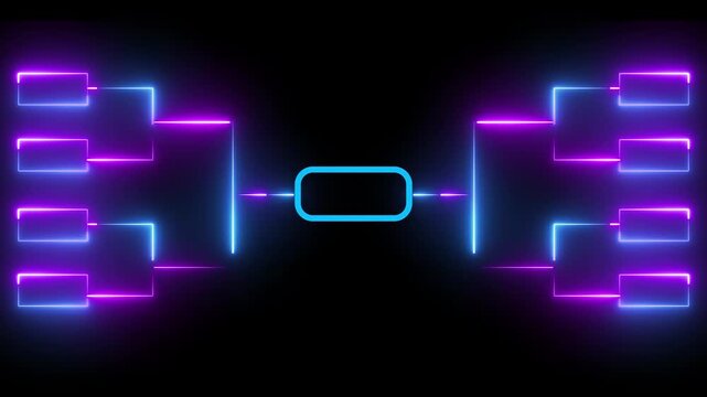 Neon Tournament Bracket with Empty Center Box on Black Background competition sports. Digital neon tournament bracket on dark background showing match progression and competition structure.