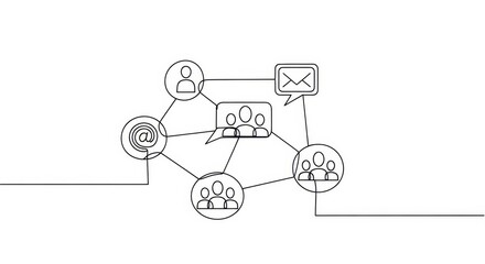 Simple continuous line drawing of social networking connecting diverse team members online