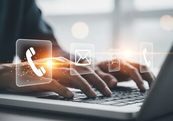 Person typing on a laptop with contact icons representing communication methods hovering above keyboard
