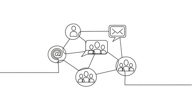 Simple continuous line drawing of social networking connecting diverse team members online
