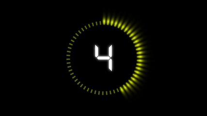 Digital Number countdown 1 to 10 with Yellow Glowing Circular Timer on Black background. Modern countdown sequence 1 to 10 with yellow glowing circular timer representing countdown animation.