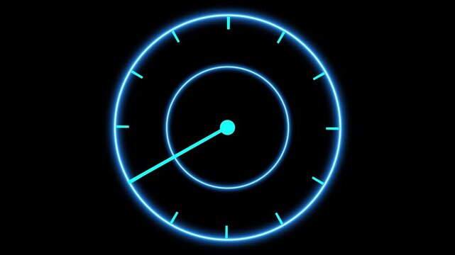 Cyan Neon Clock Face with Hour Marks and Single Hand on animation Black Background time watch. Single hand moves across cyan neon clock face with hour marks producing engaging animated time watch. - Powered by Adobe