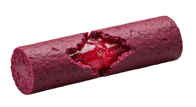 Elongated crimson-purple artisanal material, dry granular, torn revealing glistening ruby-red core, isolated on transparent background, macro low-angle, chiaroscuro lighting, concept of textural