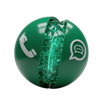 Futuristic emerald-green sphere, cut half, glowing core, liquid luminescence, intricate data streams & micro-circuitry, matte white symbols, extreme macro photo on transparent. Technological marvel