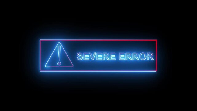 Rectangular alert box in neon colors animates dynamically with exclamation mark and severe error text for impact. Neon Blue and Red Rectangular Alert Box with Exclamation Mark and Severe Error Text.