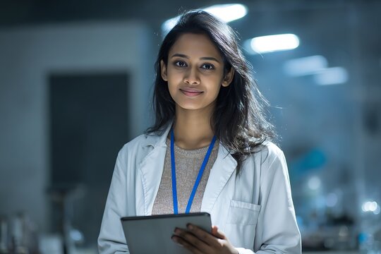 Woman scientist in lab coat holding tablet smiling